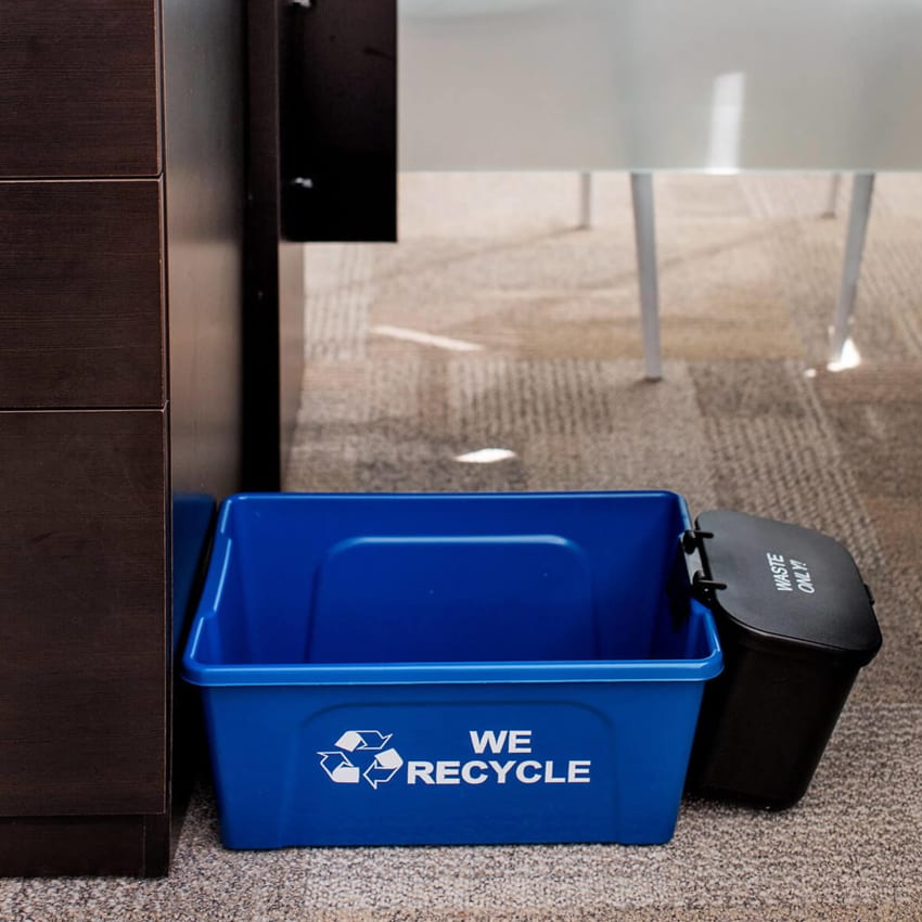 small under desk recycling bin with a hanging trash bin on the floor under an office desk