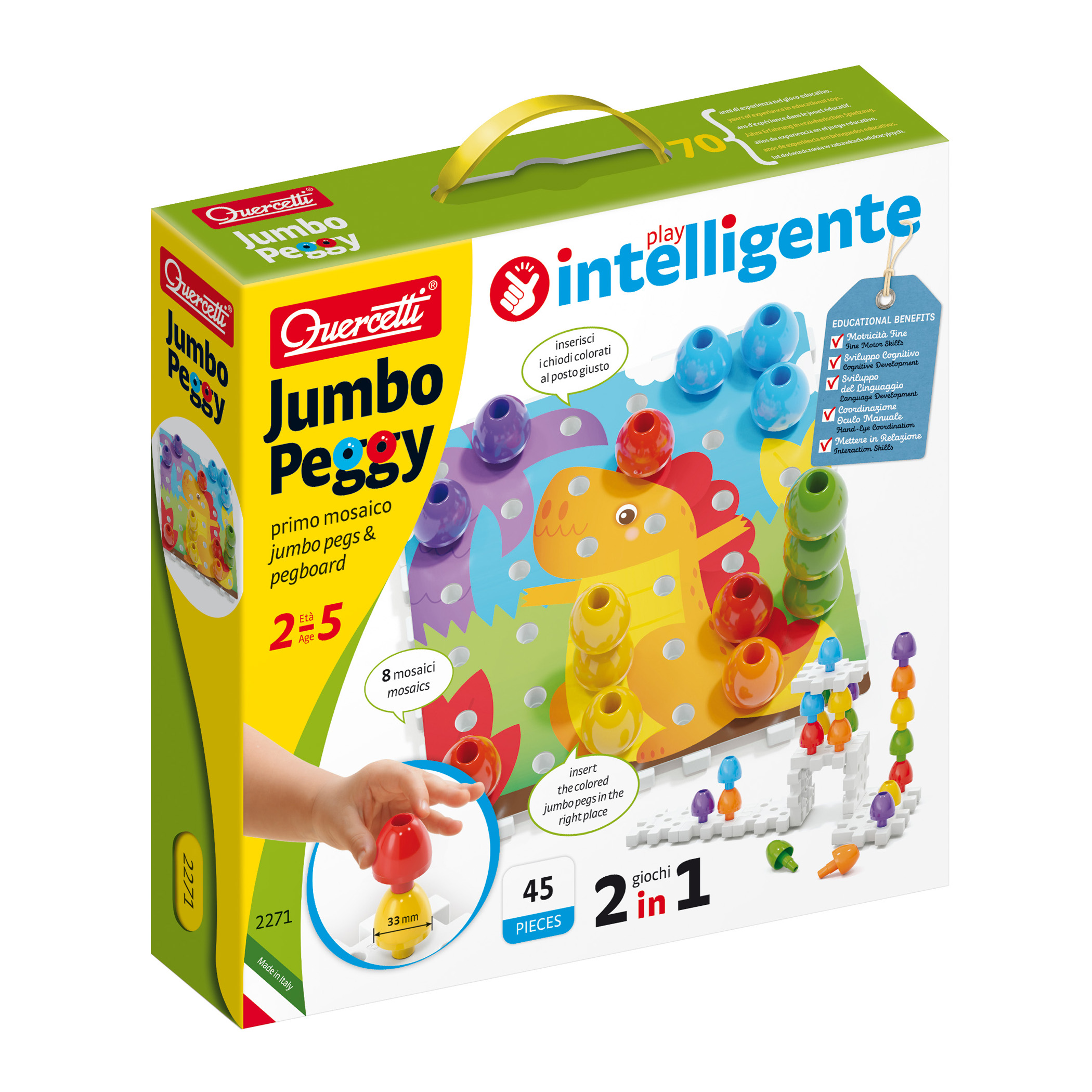 Quercetti Jumbo Peggy Medium - Stacking Peg Toy with Illustrated Cards and 9 Linking Boards and 36 Pegs