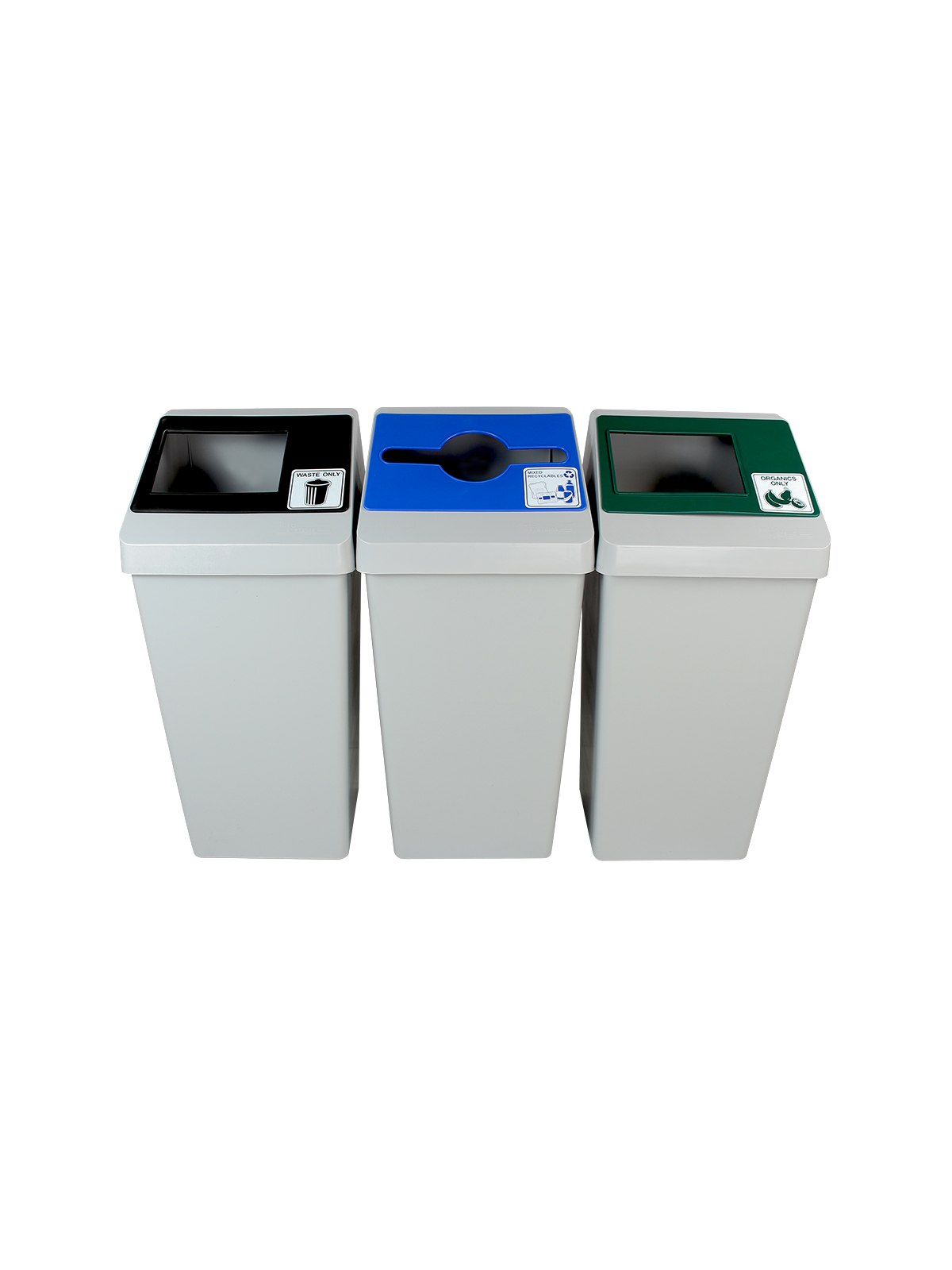 SMART SORT – Triple – Kit – Mixed Recyclables-Organics-Waste – Mixed-Full – Grey-Blue-Green-Black