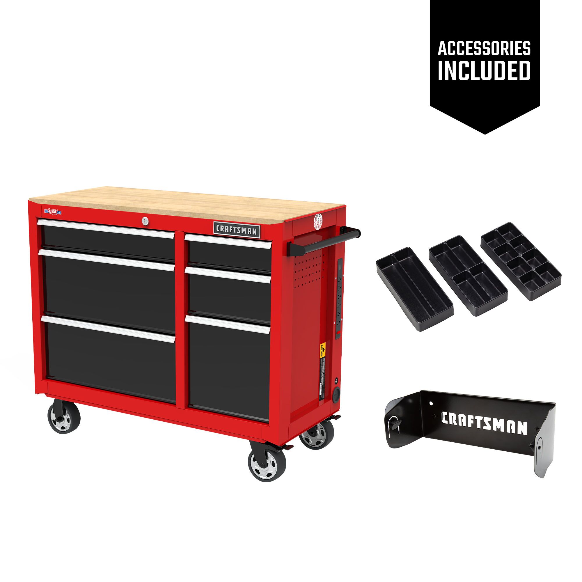 One red CRAFTSMAN 41 inch Wide 6-Drawer Mobile Workbench with three black Cabinet Drawer Trays and one black Magnetic Paper Towel Holder included