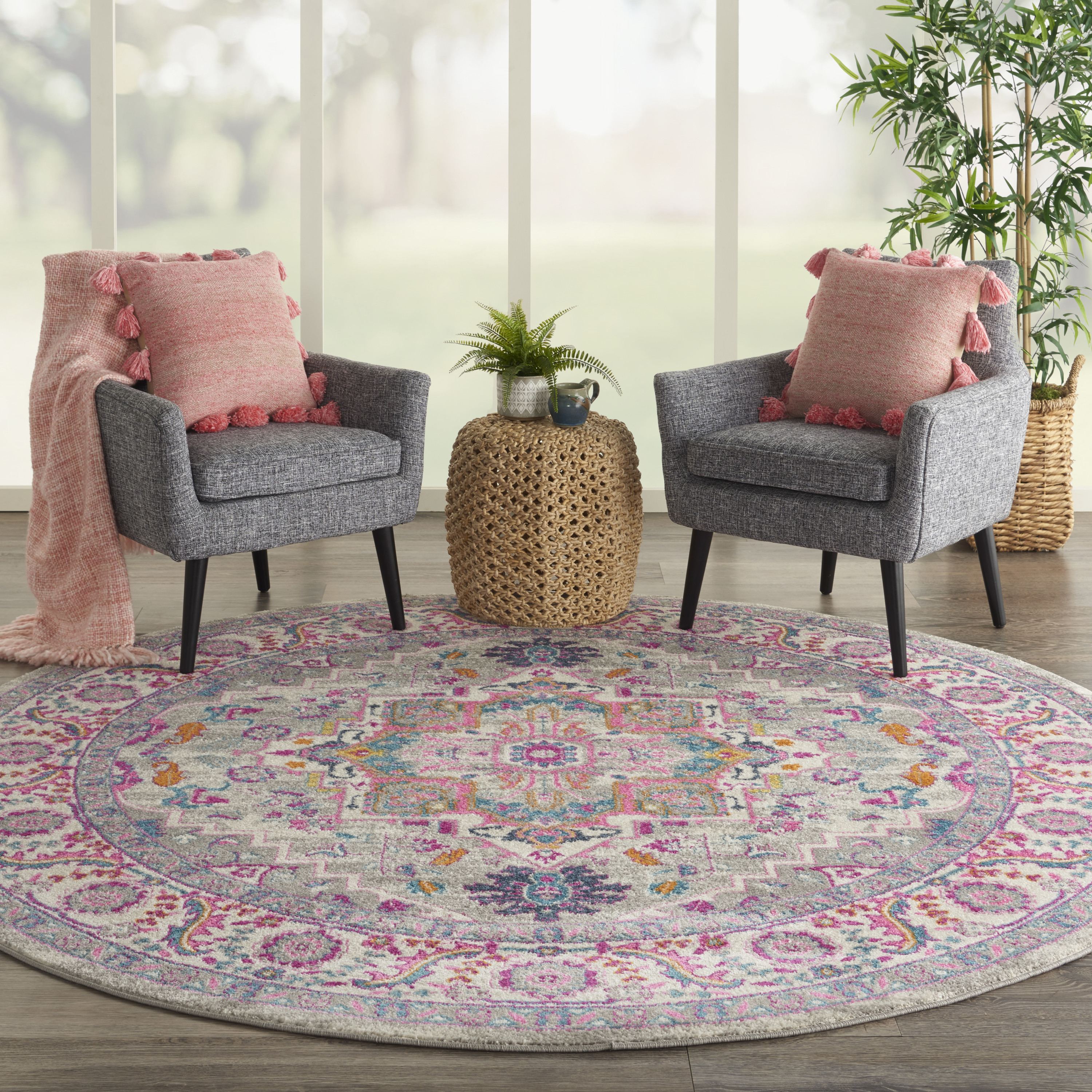Nourison Passion 8' x Round Light Grey Pink Bohemian Indoor Rug