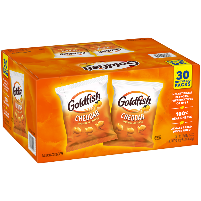 Goldfish® Cheddar Crackers, 30 count box, 1.5 oz, bag - Left Angle Image