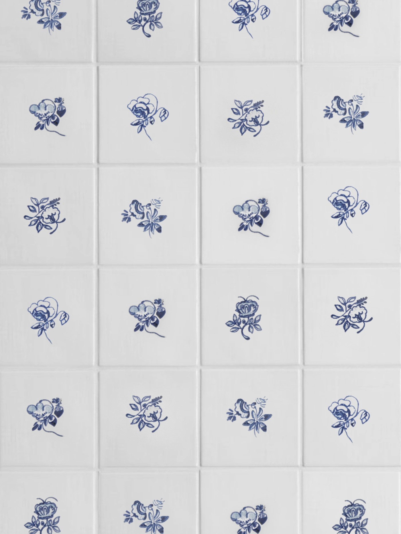 blue and white tiles with hand painted floral designs.