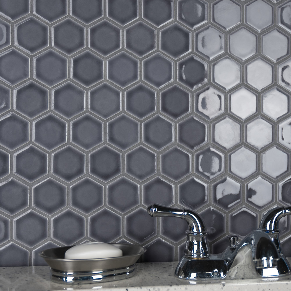 Sample – Hudson Due 2″ Hex Imperial Grey Porcelain Mosaic Tile