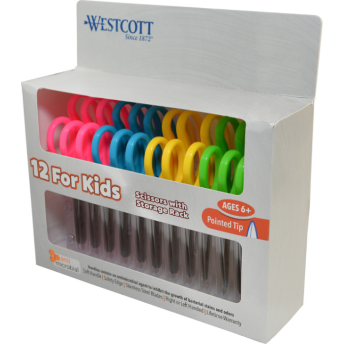 Kids Pointed 5" Scissors with Storage Rack, Anti-Microbial Protection, Assorted Colors, Set of 12