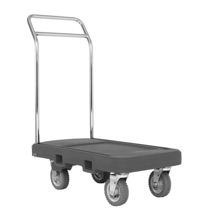Flatbed utility dolly in dark gray with 6” pneumatic wheels, straps and chrome-plated handle