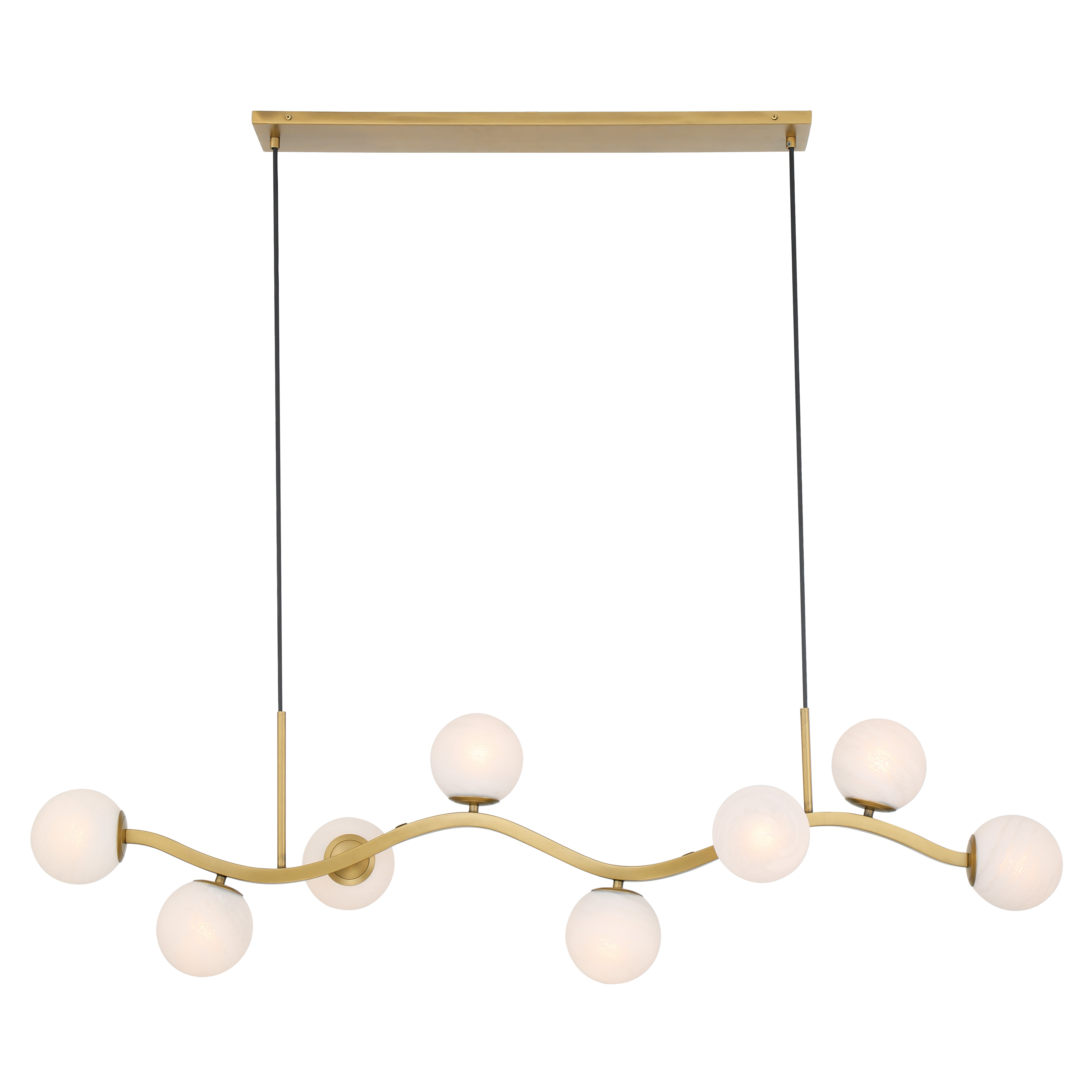 The Curven 54" Island Chandelier combines modern linear design with warm Legacy Brass finish and soft etched alabaster glass shades. Eight lights provide ample illumination for kitchen islands and dining tables. - alternate view