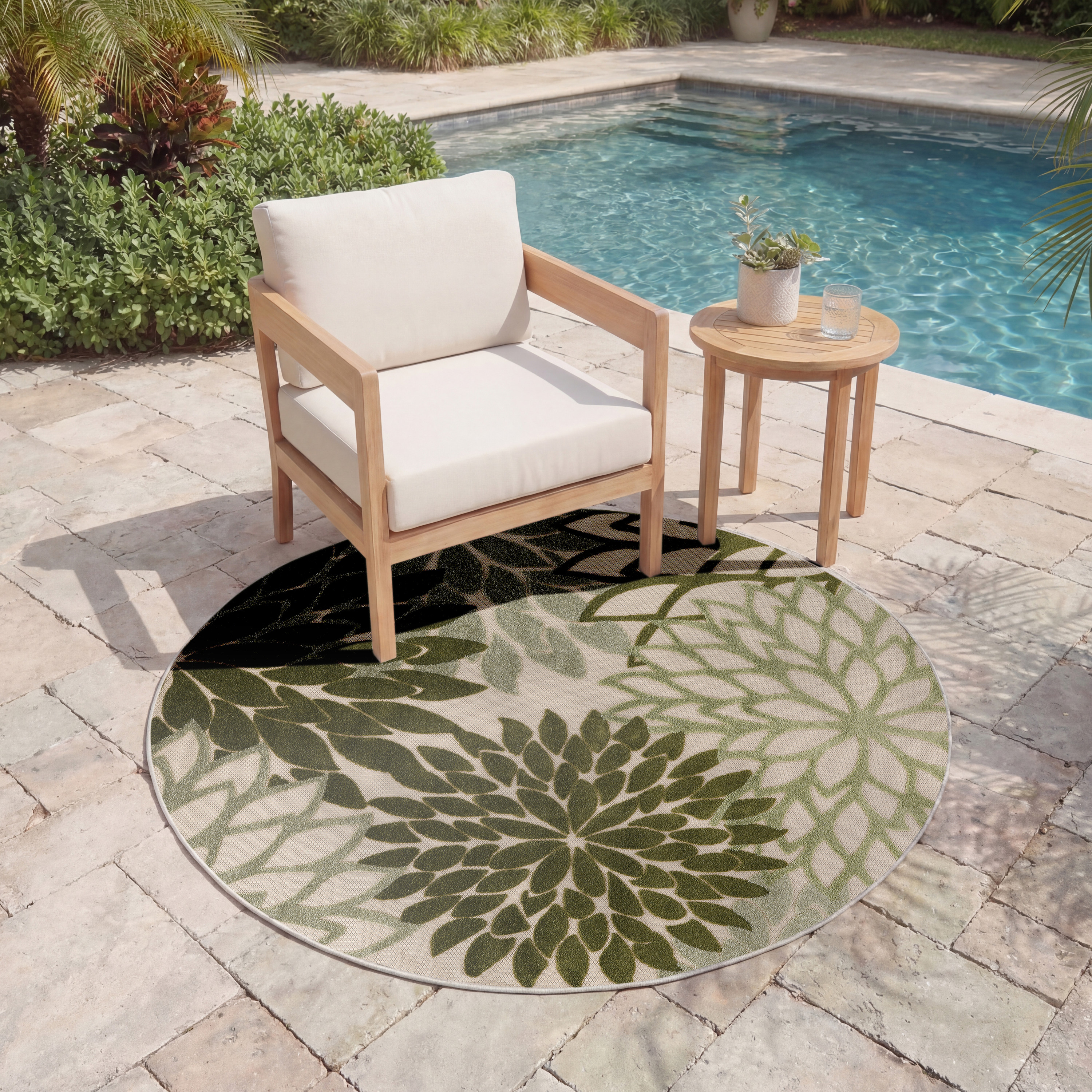 Nourison Aloha 5'3" x Round Ivory Green Tropical Rug