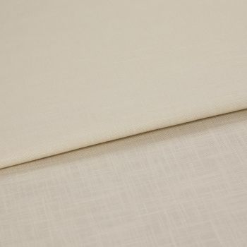Beige woven fabric panels folded over one another, overlapping to reveal two subtle textures; shown in a close-up with even, neutral lighting on a flat surface.