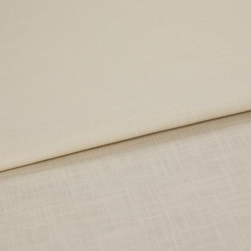Beige woven fabric panels folded over one another, overlapping to reveal two subtle textures; shown in a close-up with even, neutral lighting on a flat surface.