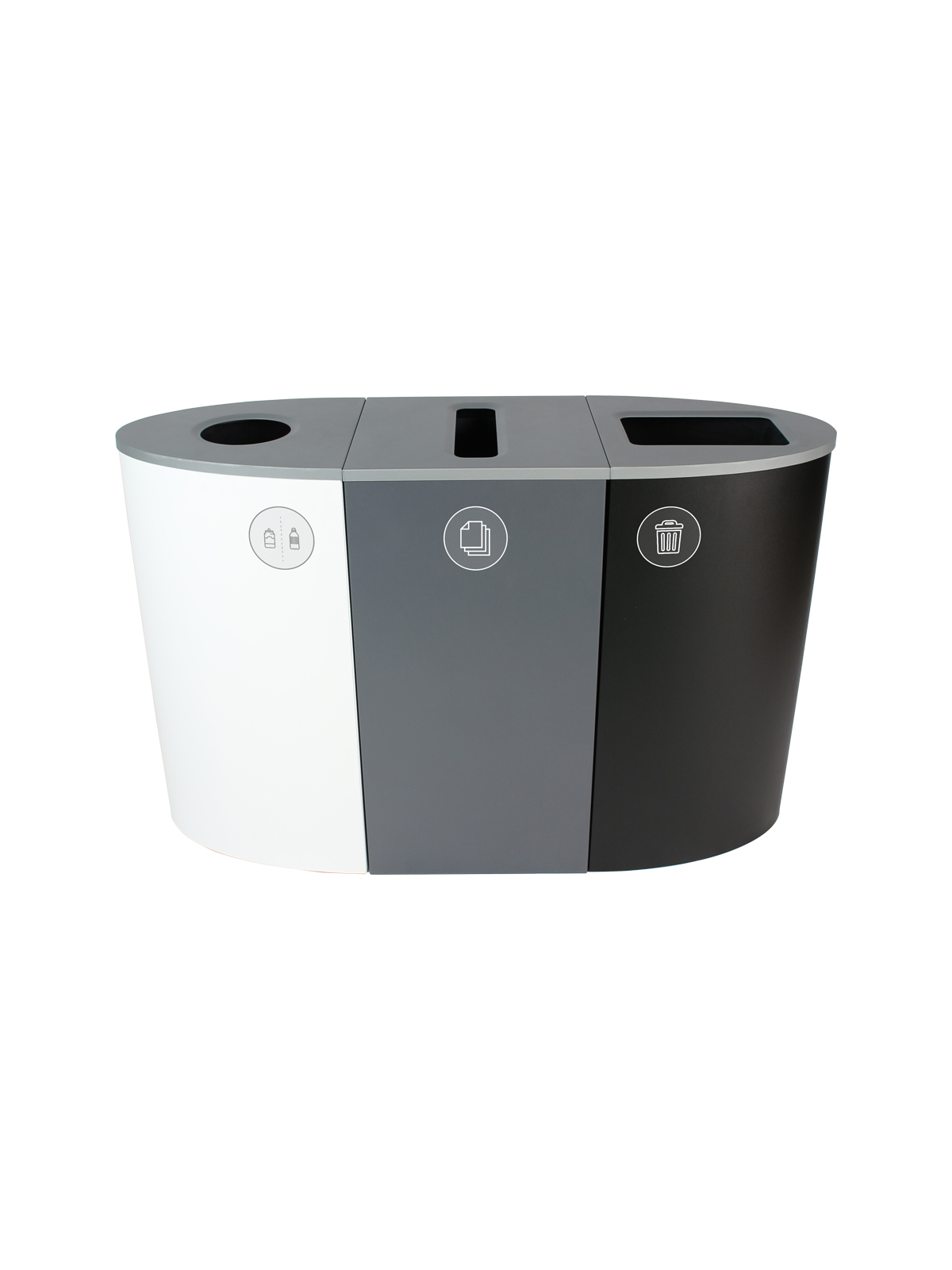 SPECTRUM – Triple – Kit – Cans & Bottles-Paper-Waste – Circle-Slot-Full – White-Grey-Black