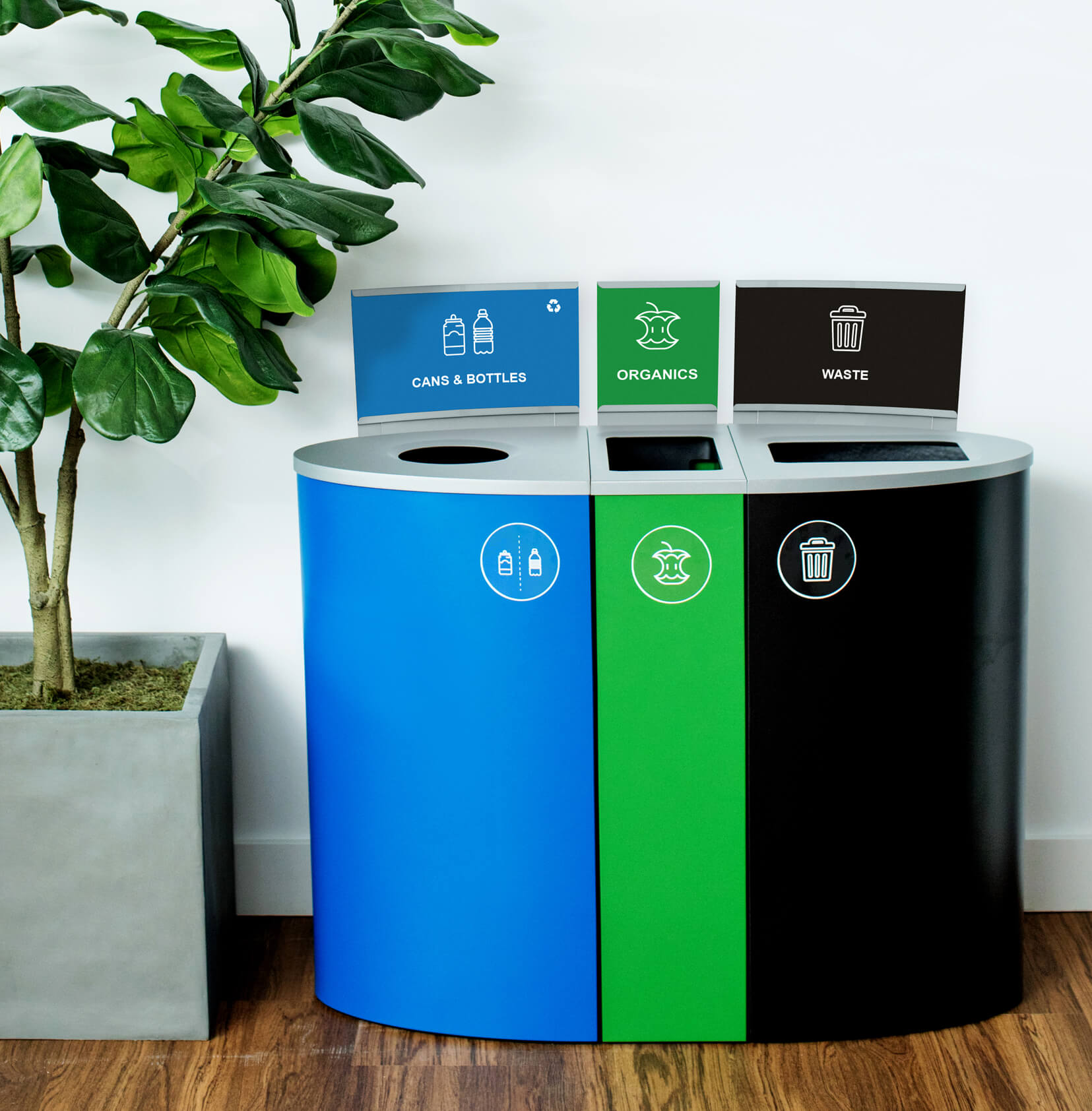 all metal modular recycling and waste station with colored bodies and matching signs and labels in an upscale office space