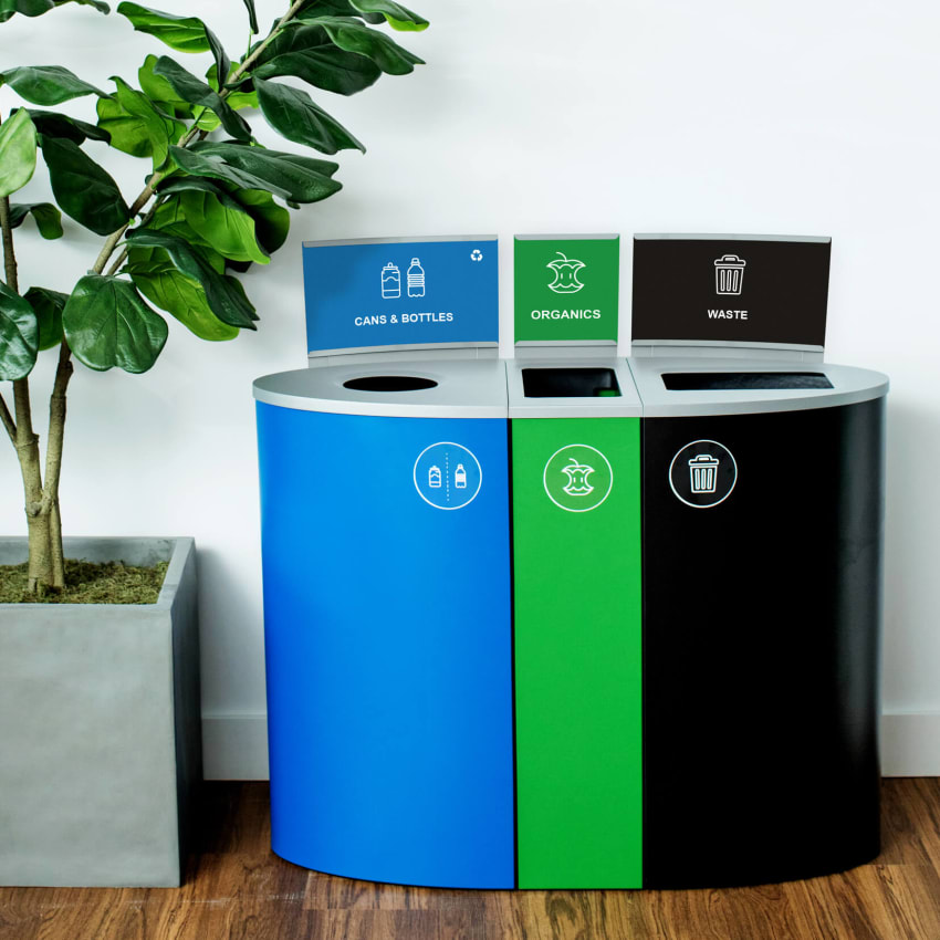 all metal modular recycling and waste station with colored bodies and matching signs and labels in an upscale office space