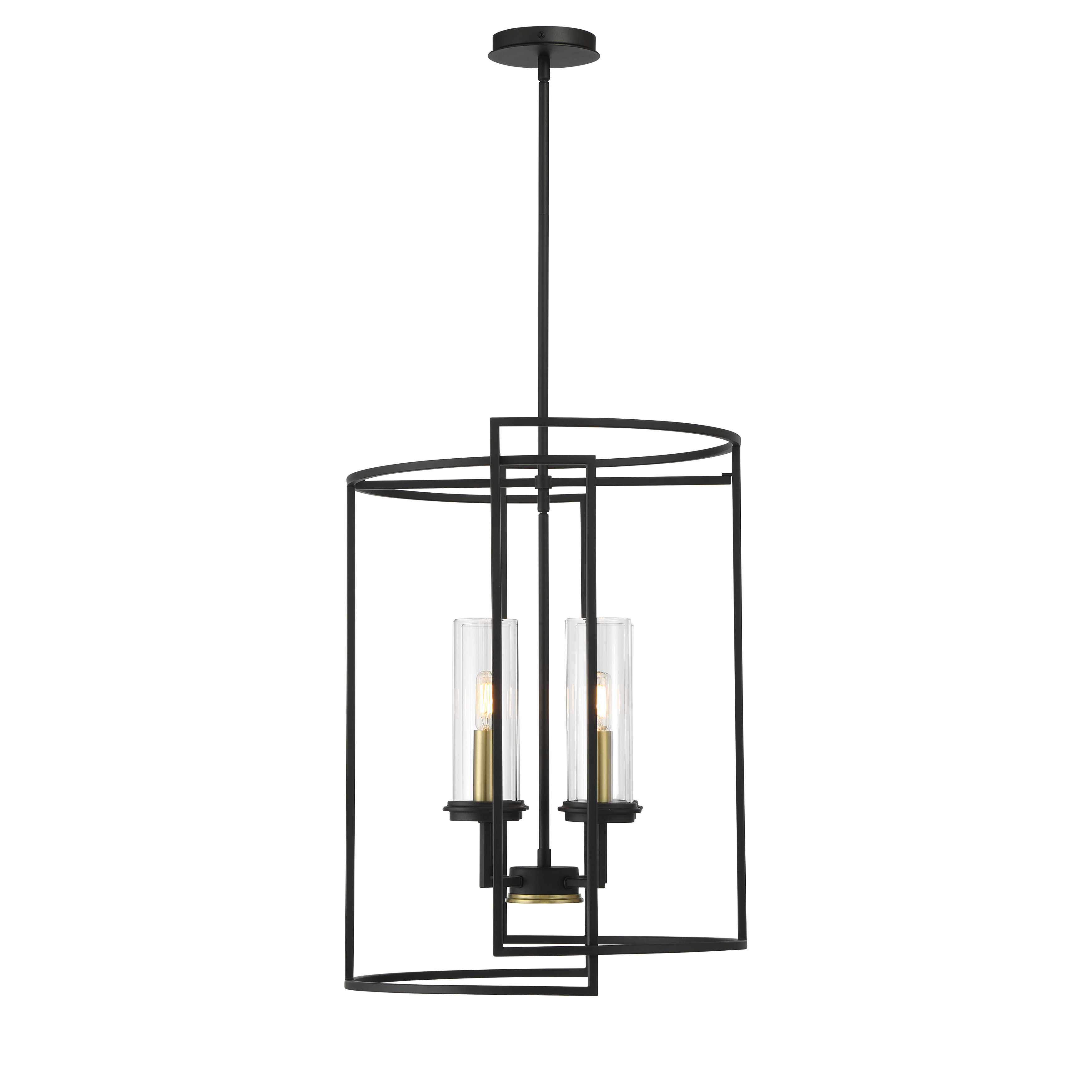 The Hillstone 4-Light Pendant combines Sand Coal and Soft Brass finishes for a sophisticated two-tone look. Clear glass shades showcase vintage-style bulbs while providing ample illumination. Perfect for modern and transitional spaces. - alternate view