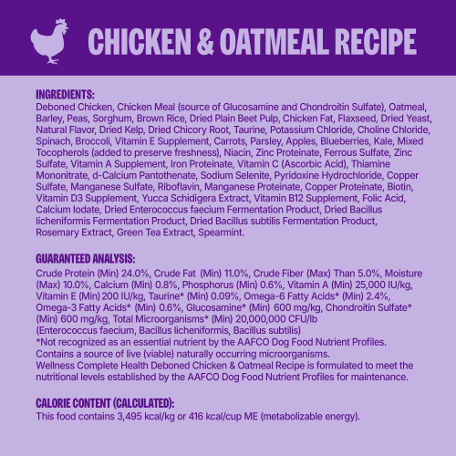 Deboned Chicken, Chicken Meal (source of Glucosamine and Chondroitin Sulfate), Oatmeal, Barley, Peas, Sorghum, Brown Rice, Dried Plain Beet Pulp, Chicken Fat, Flaxseed, Dried Yeast, Natural Flavor, Dried Kelp, Dried Chicory Root, Taurine, Potassium Chloride, Choline Chloride, Spinach, Broccoli, Vitamin E Supplement, Carrots, Parsley, Apples, Blueberries, Kale, Mixed Tocopherols (added to preserve freshness), Niacin, Zinc Proteinate, Ferrous Sulfate, Zinc Sulfate, Vitamin A Supplement, Iron Proteinate, Vitamin C (Ascorbic Acid), Thiamine Mononitrate, d-Calcium Pantothenate, Sodium Selenite, Pyridoxine Hydrochloride, Copper Sulfate, Manganese Sulfate, Riboflavin, Manganese Proteinate, Copper Proteinate, Biotin, Vitamin D3 Supplement, Yucca Schidigera Extract, Vitamin B12 Supplement, Folic Acid, Calcium Iodate, Dried Enterococcus faecium Fermentation Product, Dried Bacillus licheniformis Fermentation Product, Dried Bacillus subtilis Fermentation Product, Rosemary Extract, Green Tea Extract, Spearmint.