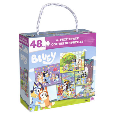 Bluey, 4-Pack 48-Piece Jigsaw Puzzles in Storage Box with Rope Handle, Bluey Puzzle, Bluey Toys for Kids Ages 4 and up