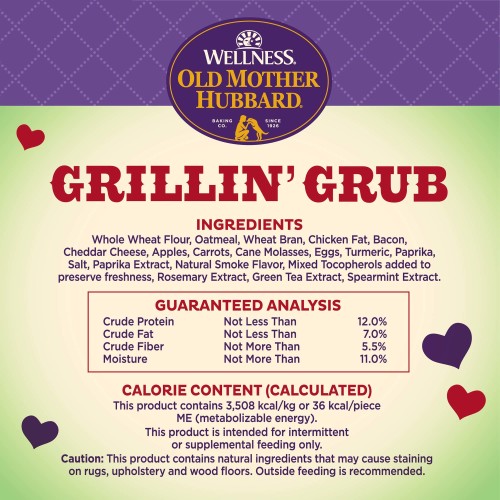 <p>Whole Wheat Flour, Oatmeal, Wheat Bran, Chicken Fat, Bacon, Cheddar Cheese, Apples, Carrots, Cane Molasses, Eggs, Turmeric, Paprika, Salt, Paprika Extract, Natural Smoke Flavor, Mixed Tocopherols added to preserve freshness, Rosemary Extract, Green Tea Extract, Spearmint Extract.</p>
