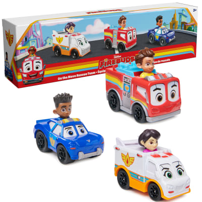 Disney Junior Firebuds, Équipe de secours en route, 3 véhicules en métal moulés : camion de pompier, ambulance et voiture de police, jouets pour filles et garçons à partir de 3 ans