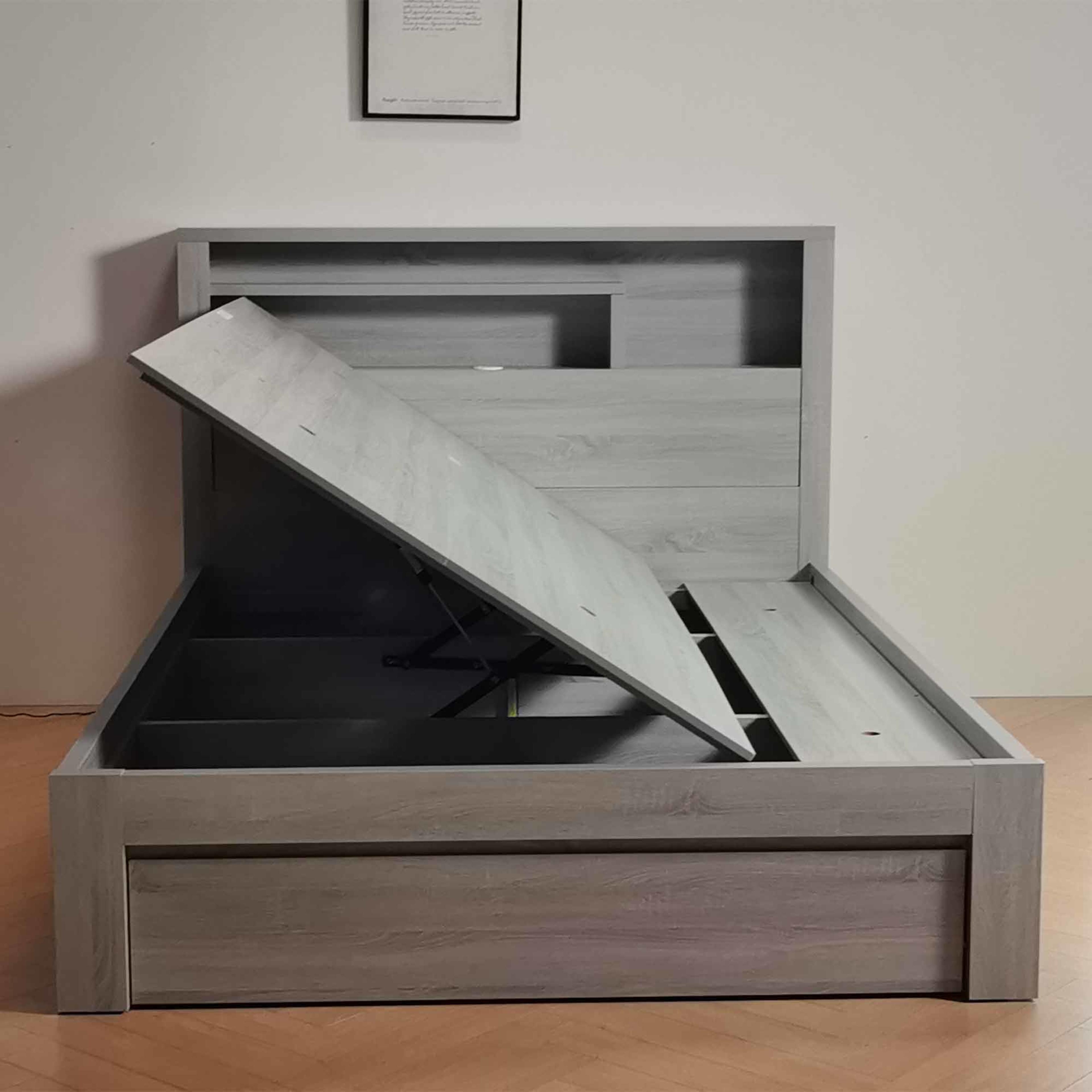 Lifestyle image of the  Bellevue Bed Frame, Side Gas Lift & End Drawer Base, Cement Grey from Forty Winks