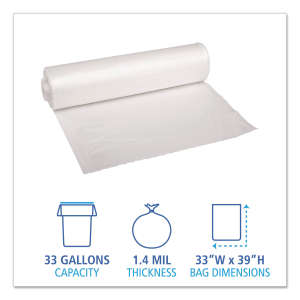 Boardwalk,  LLDPE Liner, 33 gal Capacity, 33 in Wide, 39 in High, 1.4 Mils Thick, Clear