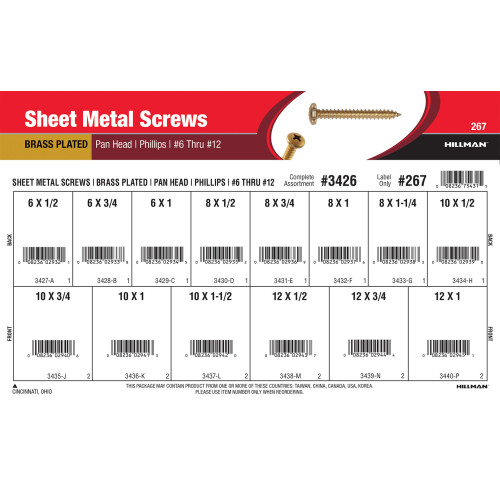 Phillips Pan-Head Brass Sheet Metal Screws Assortment (#6 thru #12)