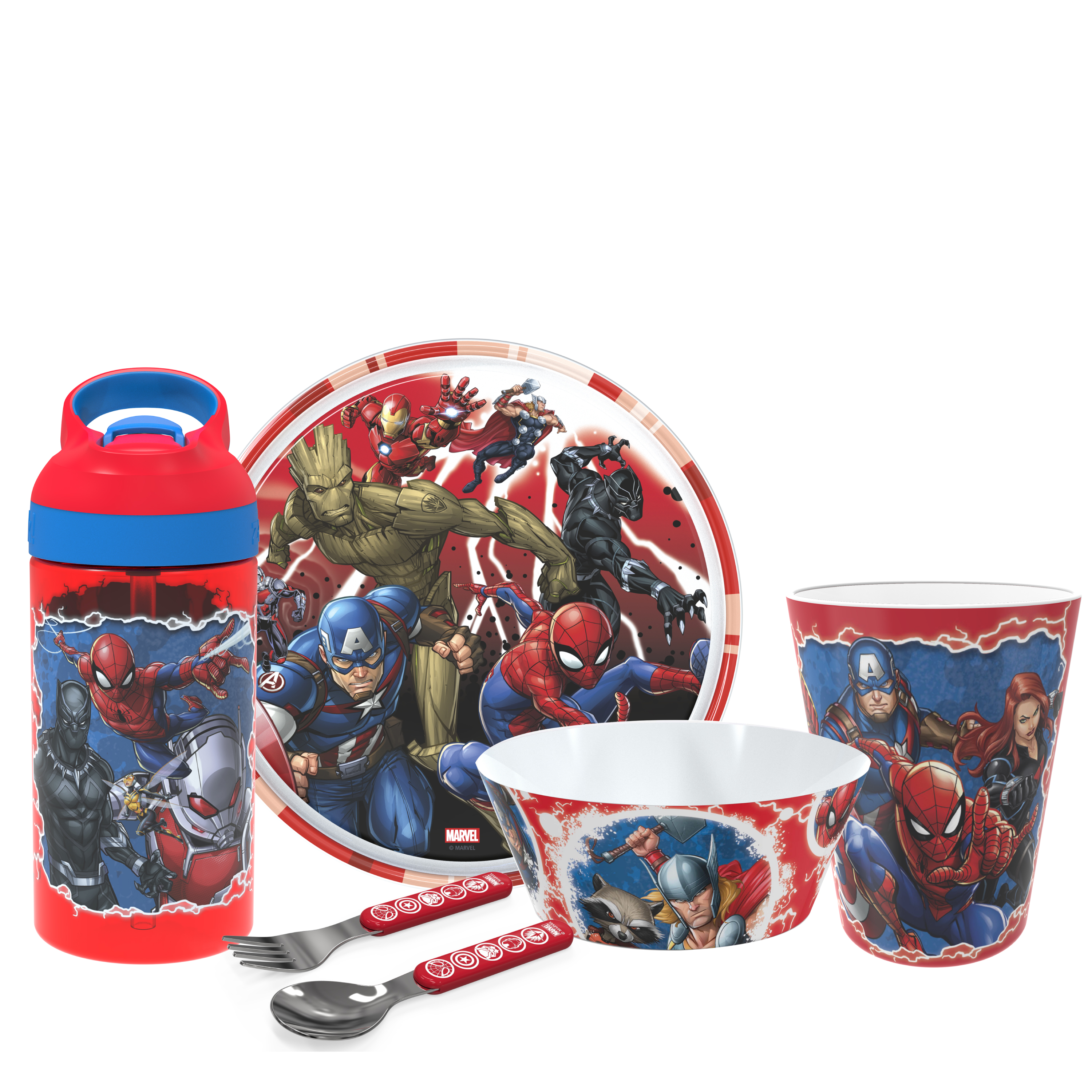 Marvel Comics Kids Plate, Bowl, Tumbler, Water Bottle and Flatware Set, Spider-Man, Captain America and Friends, 6-piece set slideshow image 1
