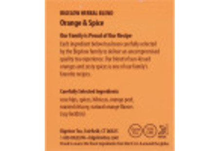 Ingredient panel of Orange and Spice Herbal Tea box