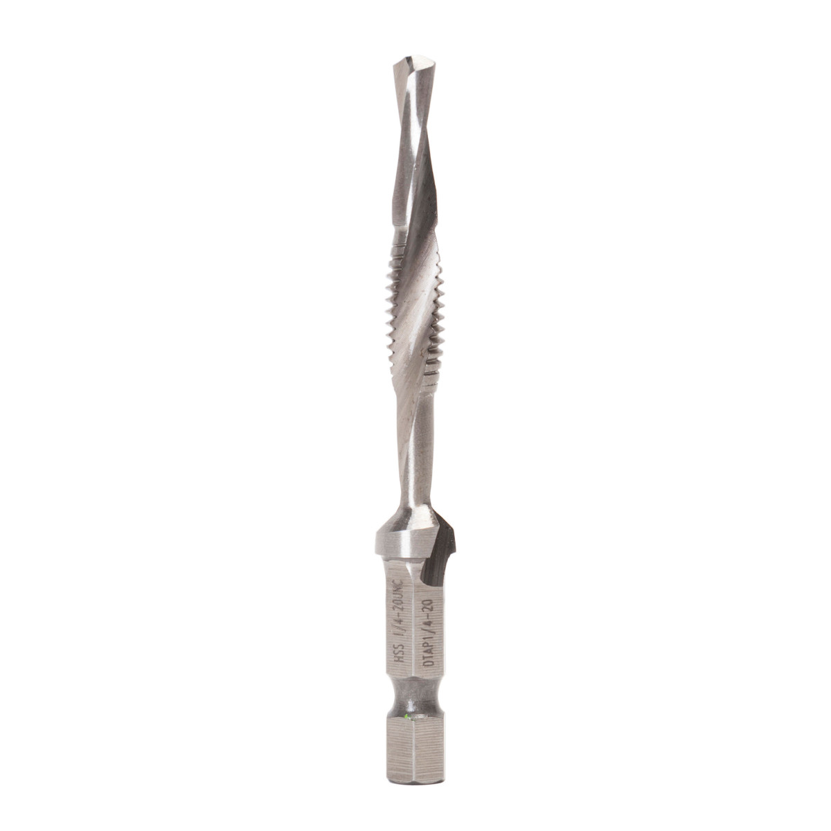 1/4-20NC Combination Drill Tap Bits.  Drill, Tap, and Countersink in one easy to use bit.  Tap holes up to 4X's faster than traditional methods.  One-piece Drill/Tap design ensures proper hole size for threaded tap size.  Available kit and individual bits in 8-32NC, 10-32NF, and 1/4-20NC thread sizes.  Constructed of hardened High Speed Steel.  Long length Drill/Tap Bits tap up to 1/2" (12.7 mm) thick material.  Split-tip drills fast and resists walking.  Back tapered beyond tap to prevent thread damage.  Quickly deburrs and counter sinks threaded hole.  Fast, secure 1/4" Quick-Change hex shank.  Quick-Change adapter included in Standard Length, Long Length, and Metric Drill/Tap Kits.  For best results, use Greenlee cutting oil with all Drill/Tap bits.