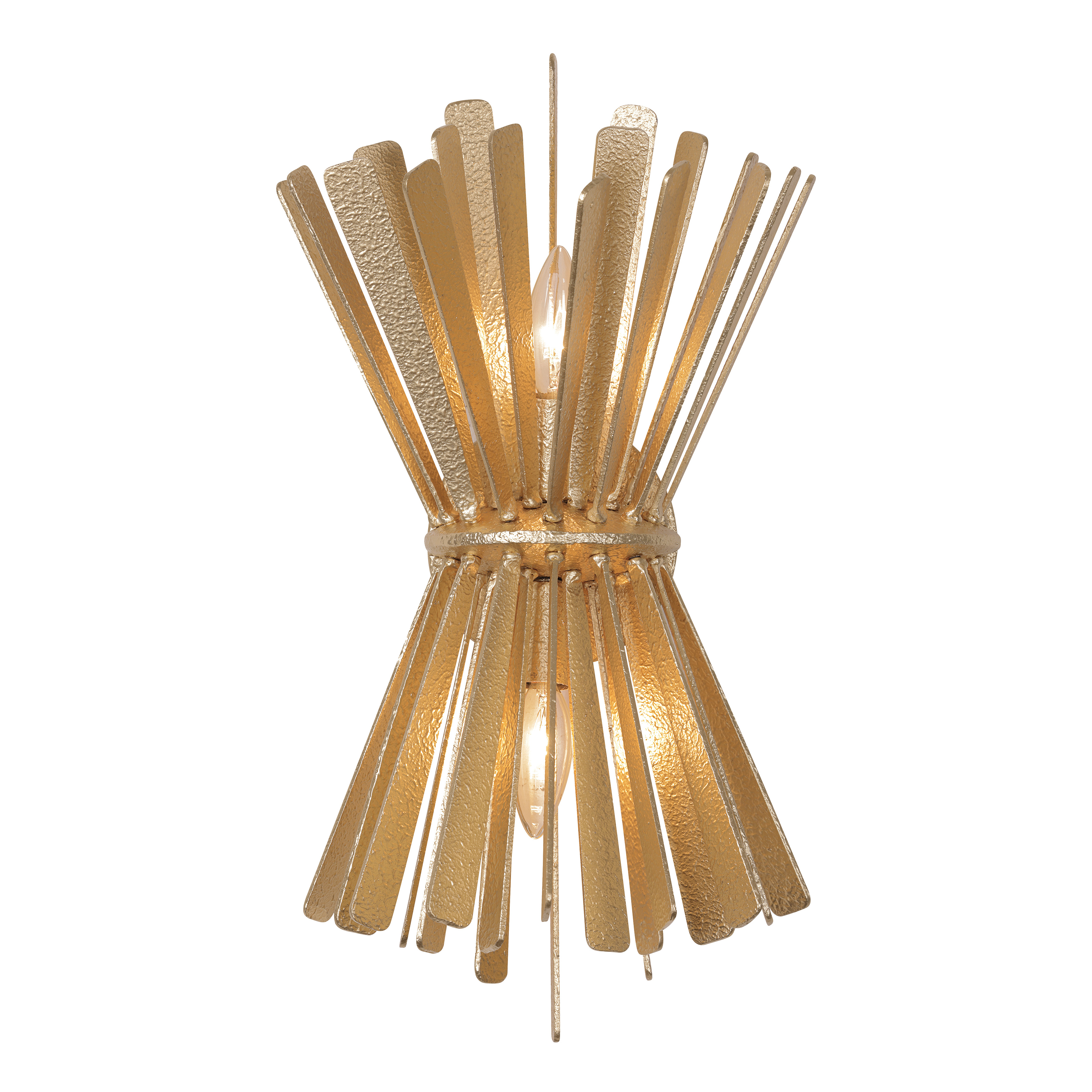 The Confluence wall sconce brings contemporary elegance with its handcrafted Piastra Gold finish and distinctive hammered accents. Perfect for flanking mirrors or creating ambient lighting in intimate spaces. - alternate view