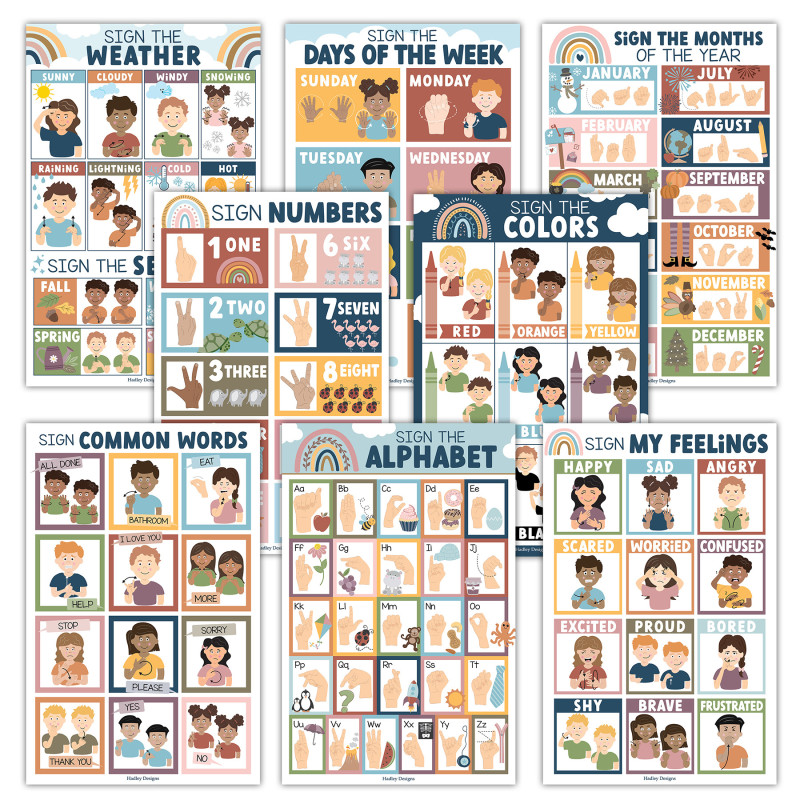Boho Rainbow ASL Educational Posters, 11 x 17 in, 8-Pack