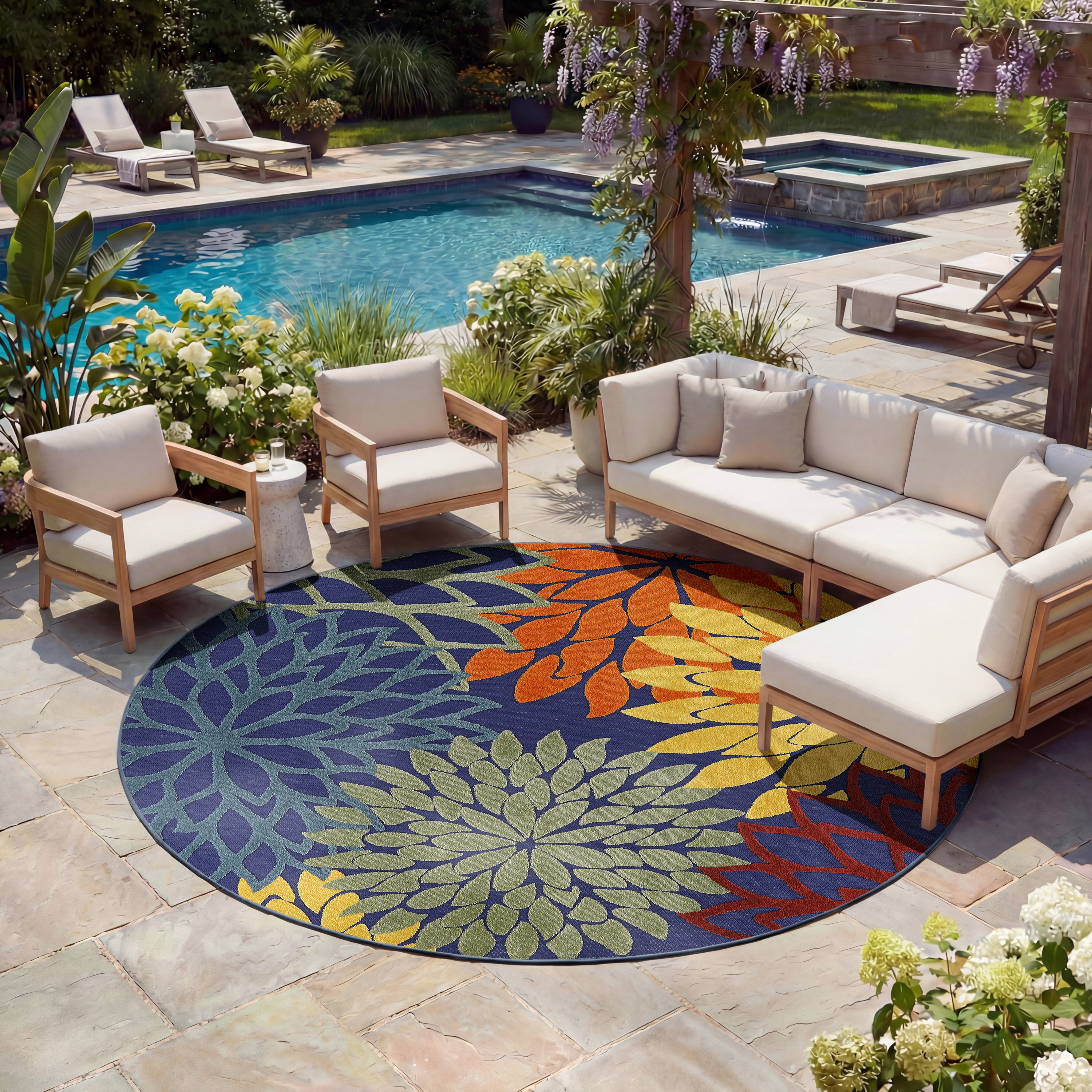 Nourison Aloha 7'10" x Round Navy Multicolor Outdoor Rug