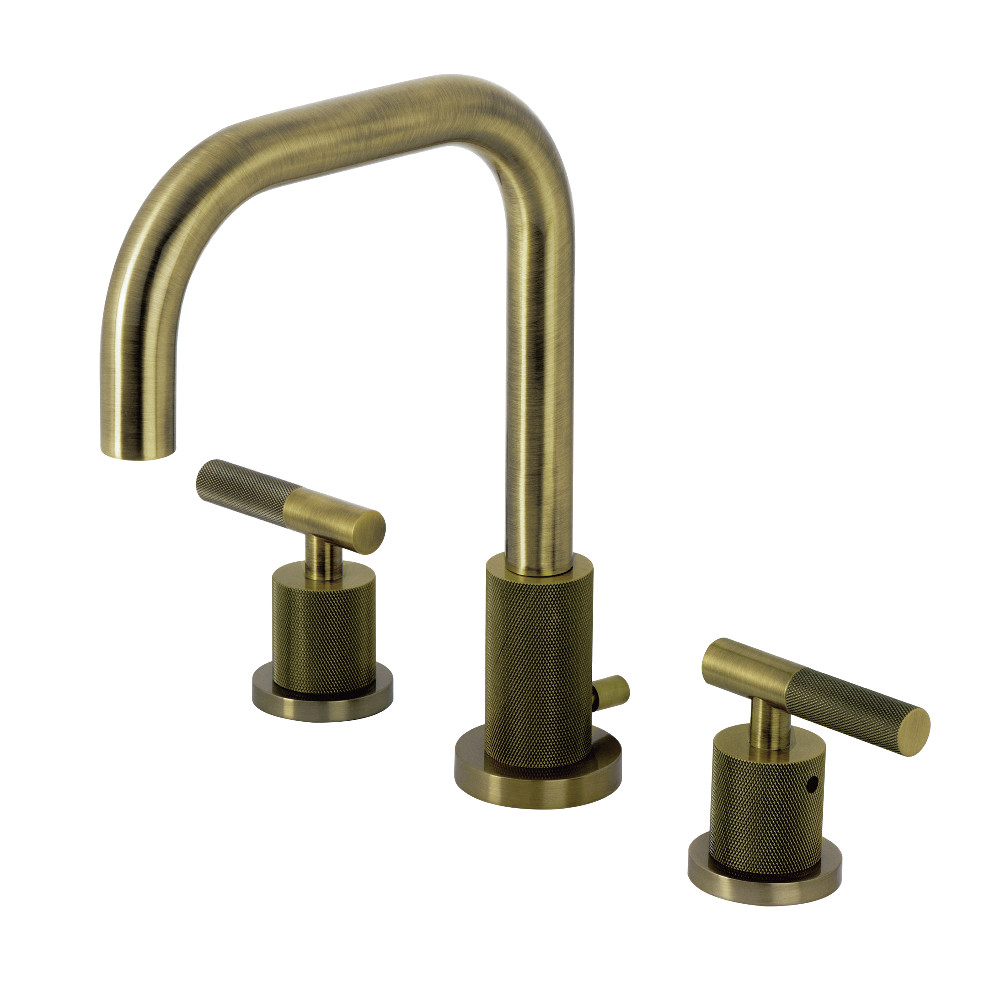 Two-Handle 3-Hole Deck Mount Widespread Bathroom Faucet with Knurled Handle and Brass Pop-Up, Antique Brass
