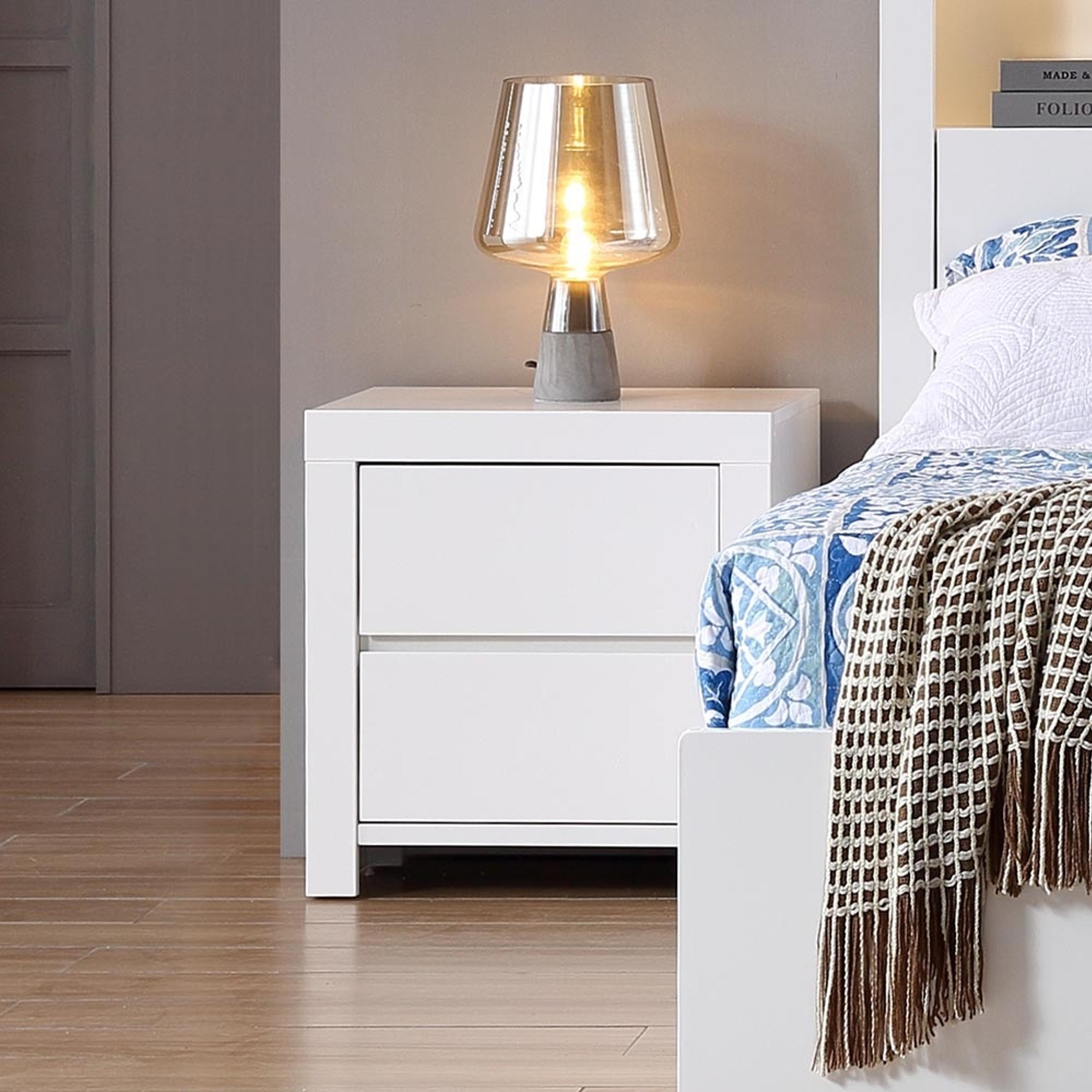 Lifestyle image of the  Lugano Bedside Table (2 Drawer), Ivory White from Forty Winks