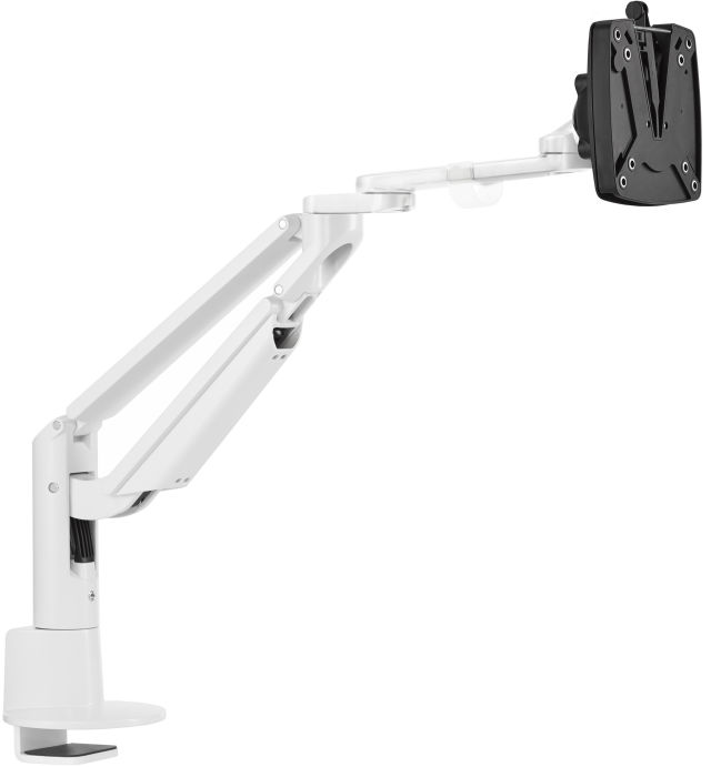 The Novus CLU Plus monitor arm in white at its highest viewing level.