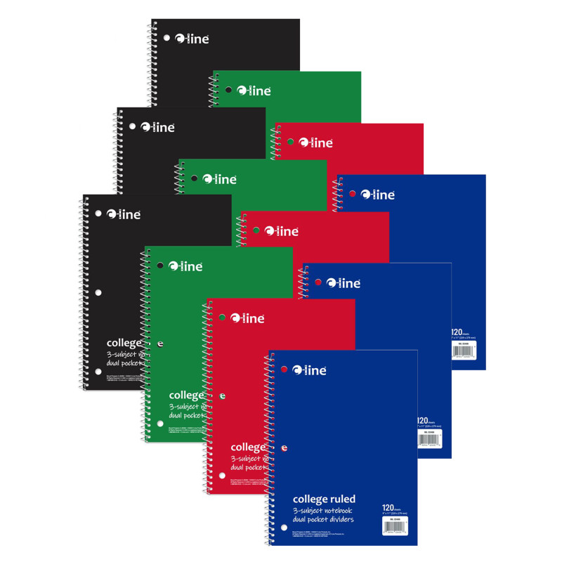 3-Subject Notebooks, College Ruled, 120 Sheets, 9” x 11”, Assorted Primary Colors, Pack of 12