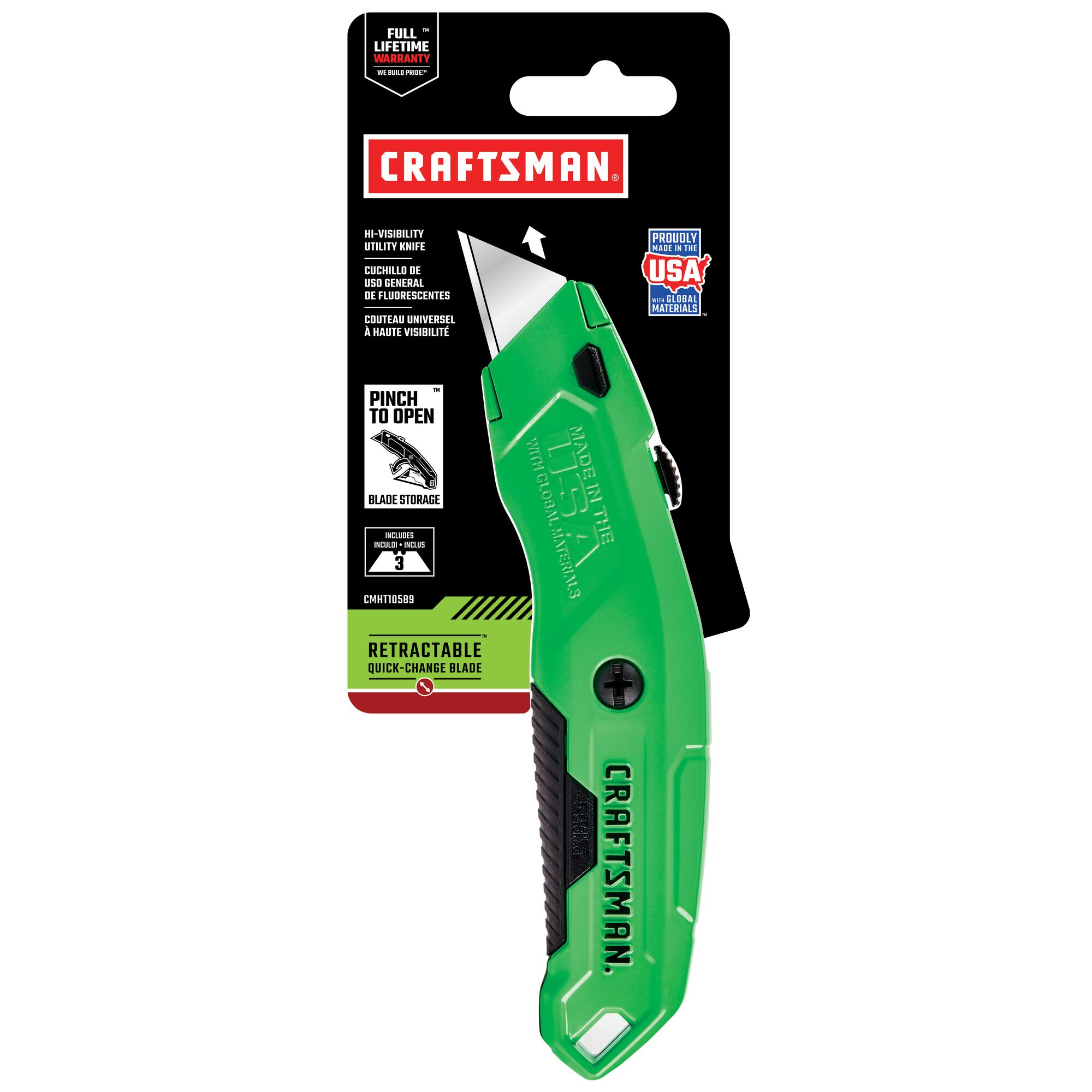 High visibility quick change utility knife in plastic packaging.