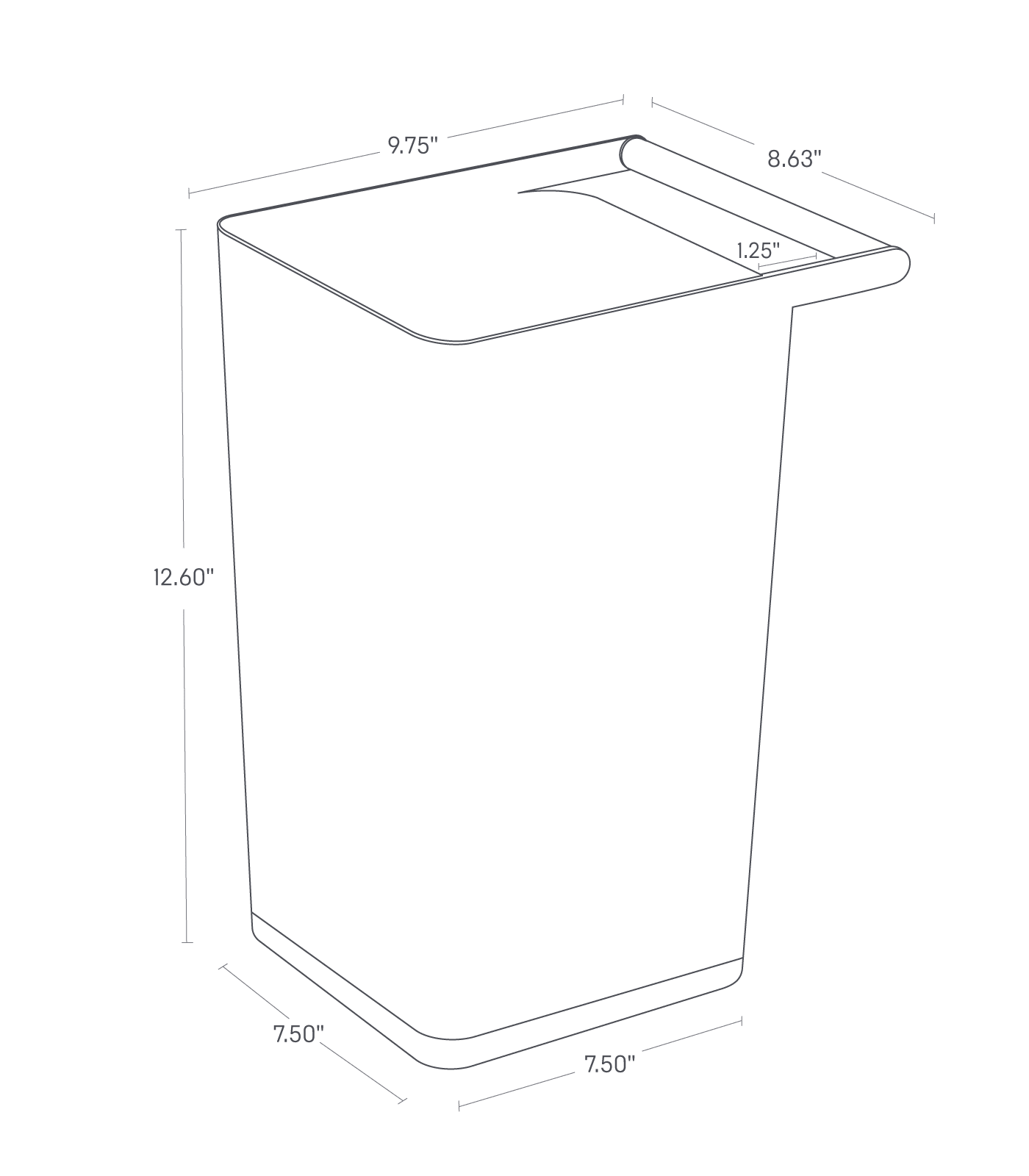 Image dimensionnelle de la poubelle montrant une longueur et une largeur inférieures de 7,5" et une hauteur de 12,5". Largeur supérieure de 9,75" et longueur de 8,63". La distance entre la poignée et la poubelle est de 1,26".