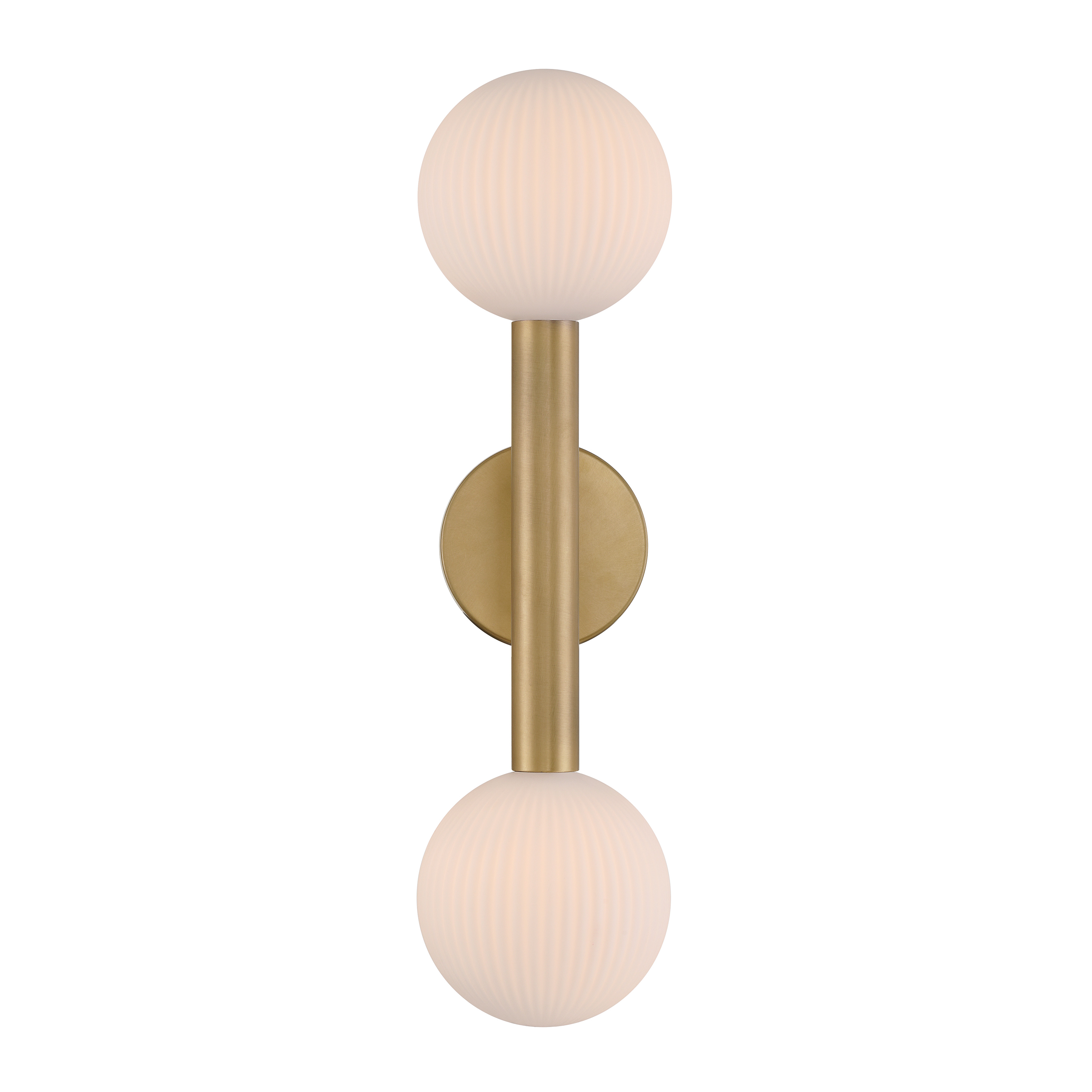 The Fenton wall sconce combines warm Legacy Brass finish with unique white striped glass for a sophisticated look. At 22" tall, it provides ample illumination while maintaining a slim 6" profile perfect for hallways and bathrooms. - alternate view
