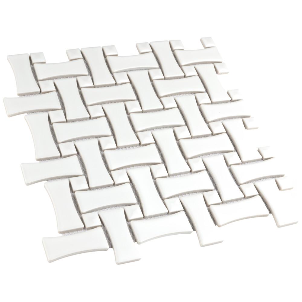 Sample – Metro Dog Bone Basketweave Matte White w/Glossy White Dot Porcelain Mosaic Tile