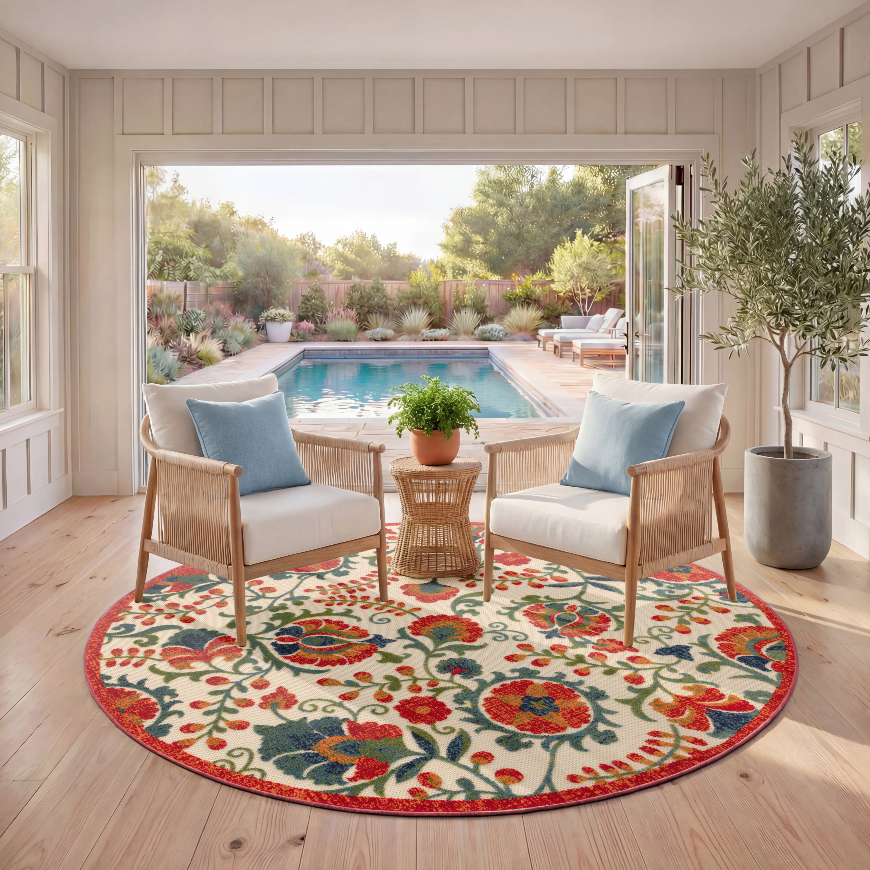 Nourison Aloha 5'3" x Round Red Multicolor Farmhouse Rug