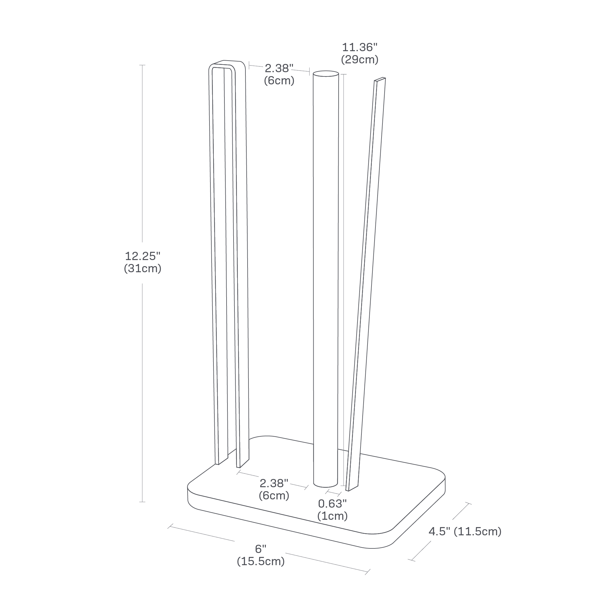 Dimension image for Paper Towel Holder showing total height of 12.25 inches, length of 4.5 inches, width of 6 inches 2.38 inches between the wooden bar and the steel bar, the wooden bar height of 11.36 inches and 0.63 inches between the wooden barn and the stopper