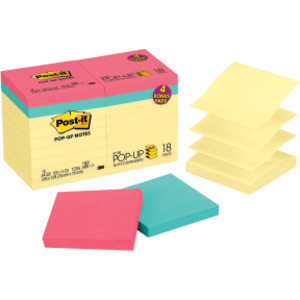 Dispenser Pop-up Notes Value Pack, 3 in x 3 in, Canary Yellow, 14 Pads plus 4 Pads in Assorted Color