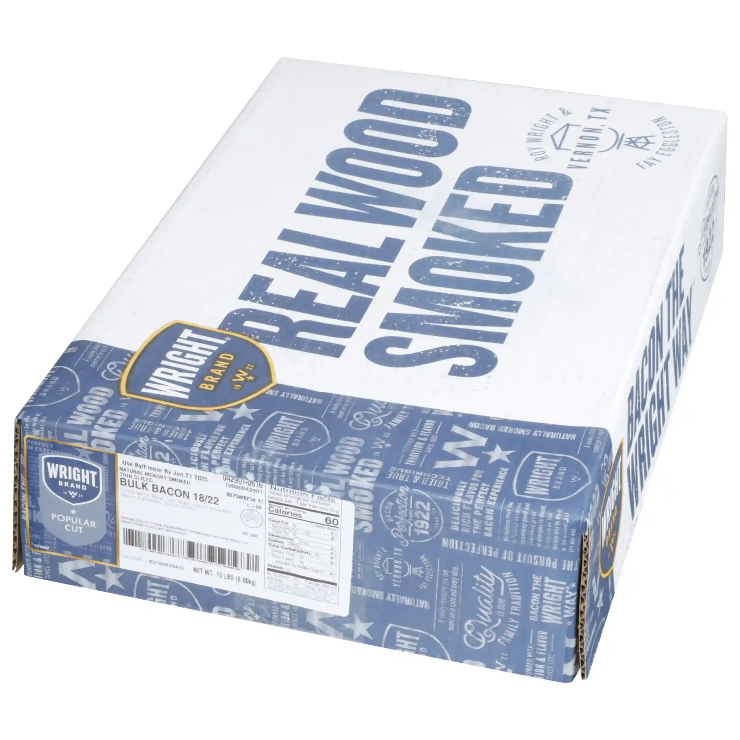 Wright® Brand Naturally Hickory Smoked Thin Sliced Bacon, Bulk, 15 Lbs, 18-22 Slices per Pound, Gas Flushed_image_5