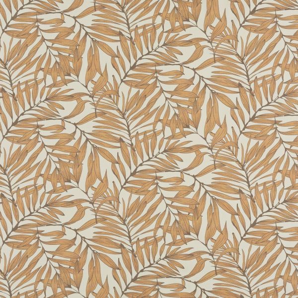 Palm-leaf wallpaper printed in a repeating pattern of ochre leaves across a cream wall, creating a warm, flat decorative surface in an interior setting.
