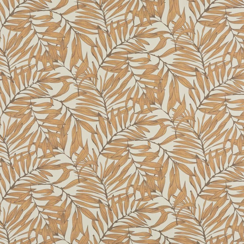 Palm-leaf wallpaper printed in a repeating pattern of ochre leaves across a cream wall, creating a warm, flat decorative surface in an interior setting.