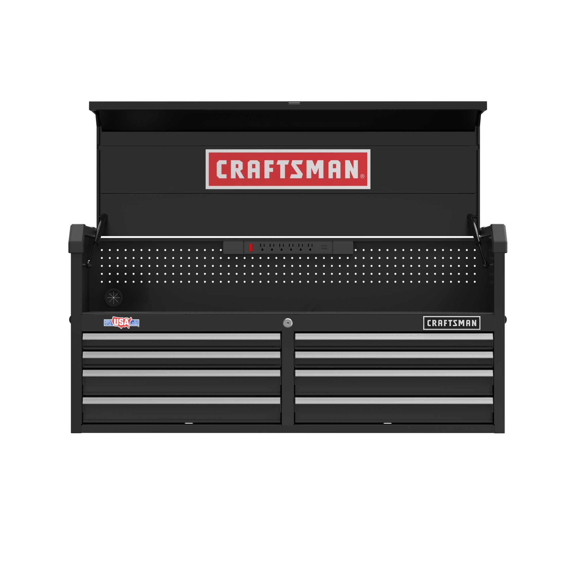 Recharge batteries and electronics feature of 52 inch 8 drawer tool chest.