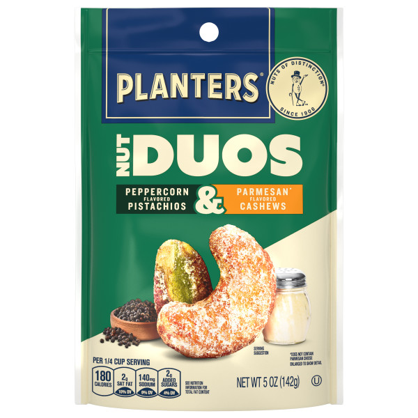 PLANTERS(r) Nut Duos Peppercorn Pistachios and Parmesan Cashews, 12-5oz . C1N1 - Front No Plunge In Package (Hi Res)