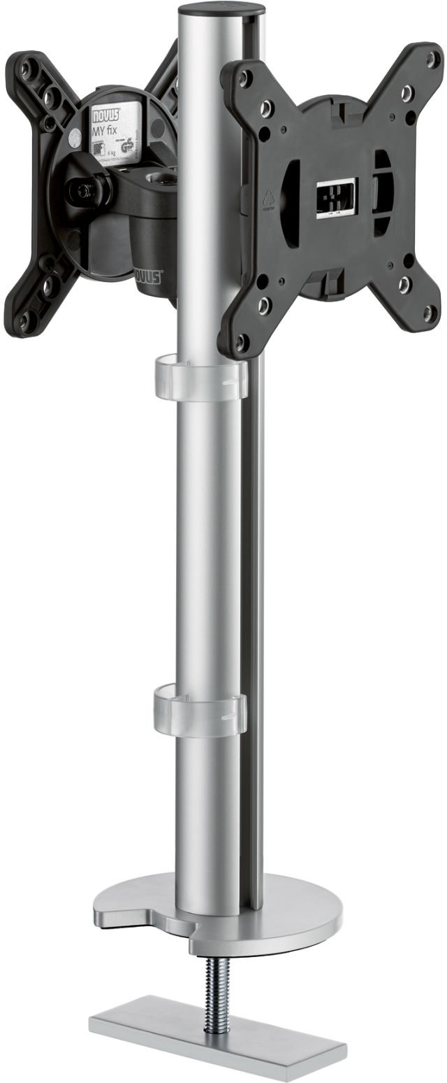 A dual monitor arm set with a grommet mount for comfortable display of two monitors.