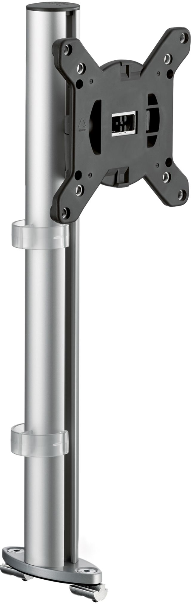 A single monitor arm set with a system rail mount for adjustable, ergonomic monitor display.