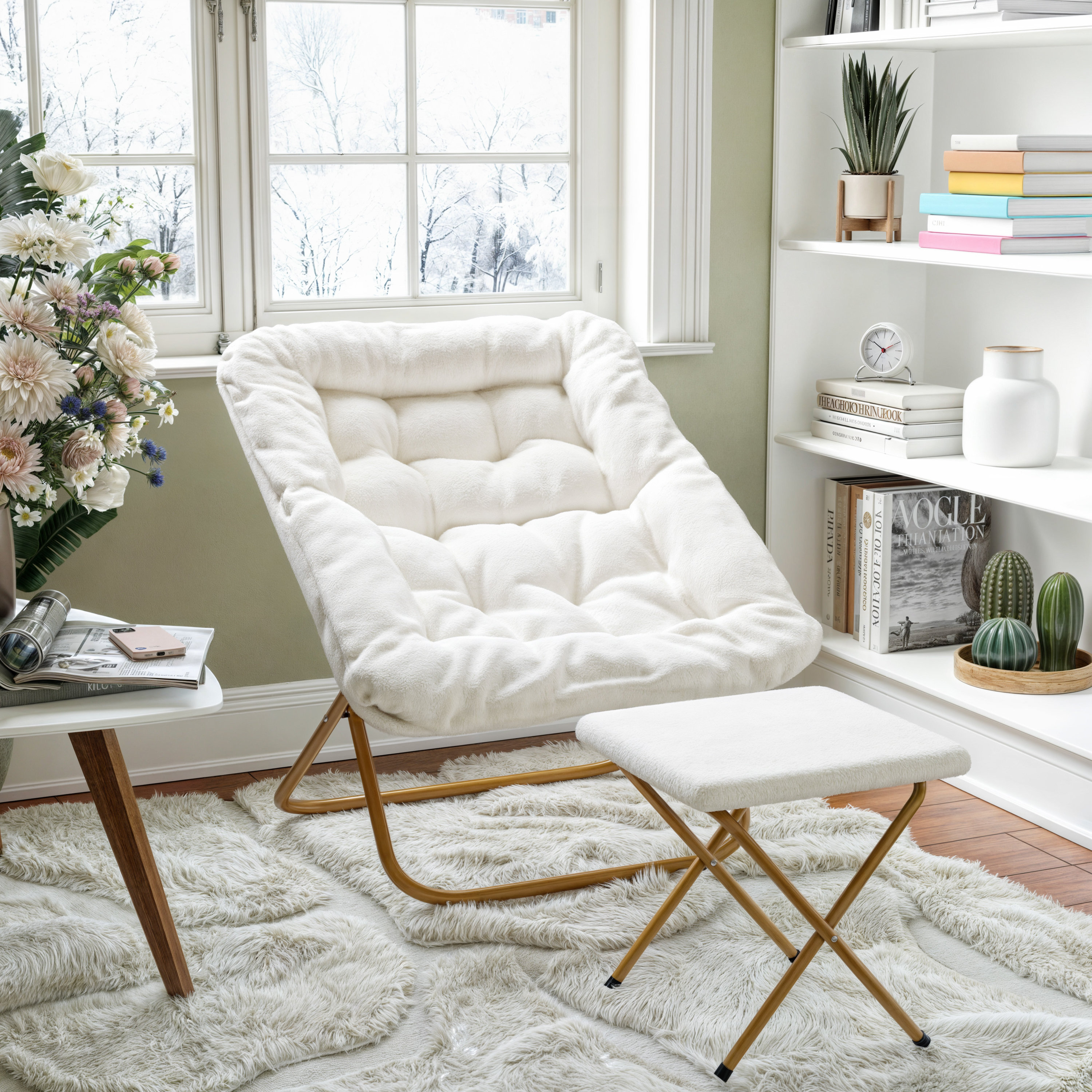 Archer 28" Oversized Portable Faux Fur Folding Saucer Chair with Folding Otto... - Picture 27 of 49